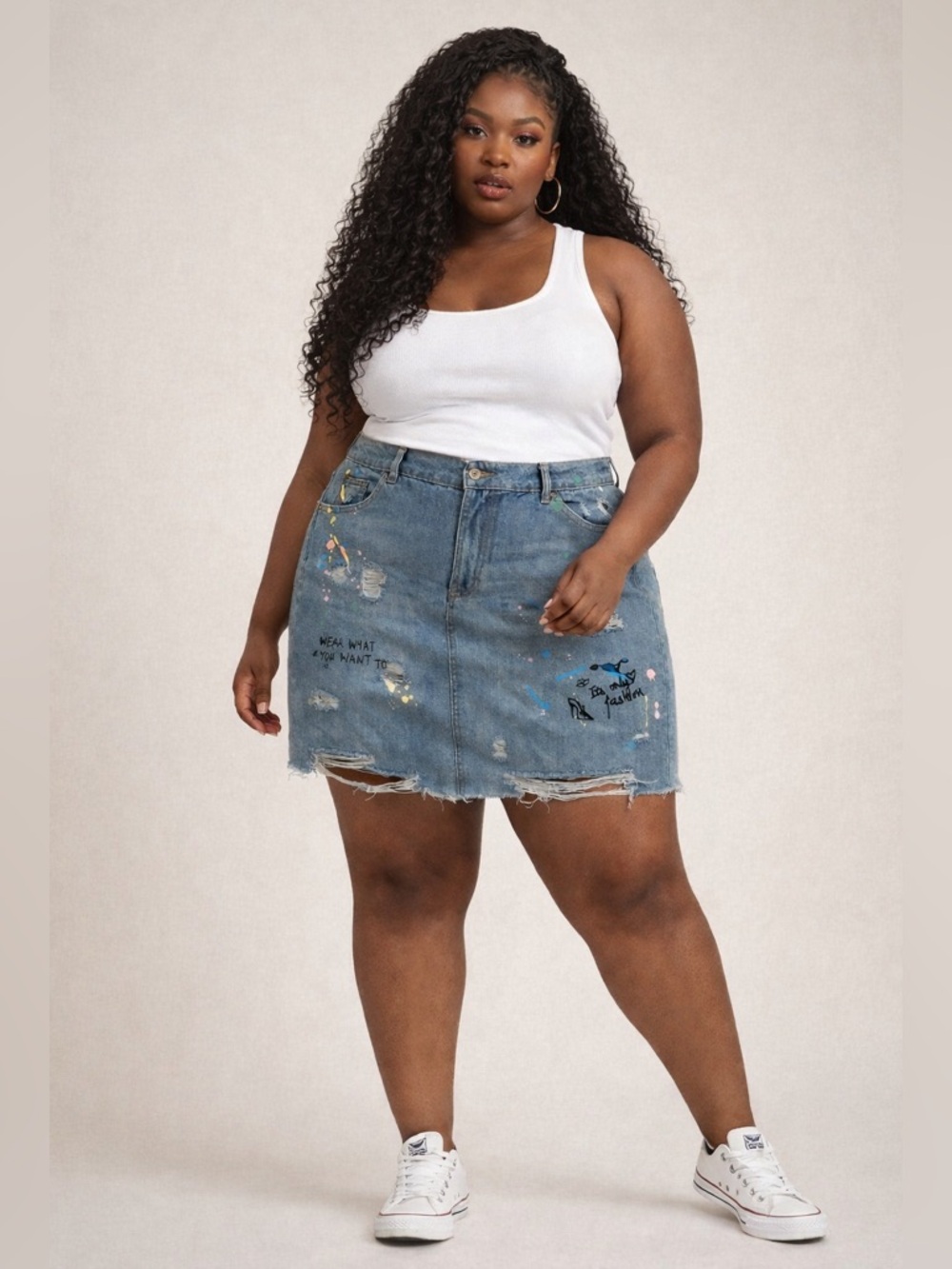 Plus Size 16 Distressed Denim Mini Skirt with Paint-Splash Detail - Blue